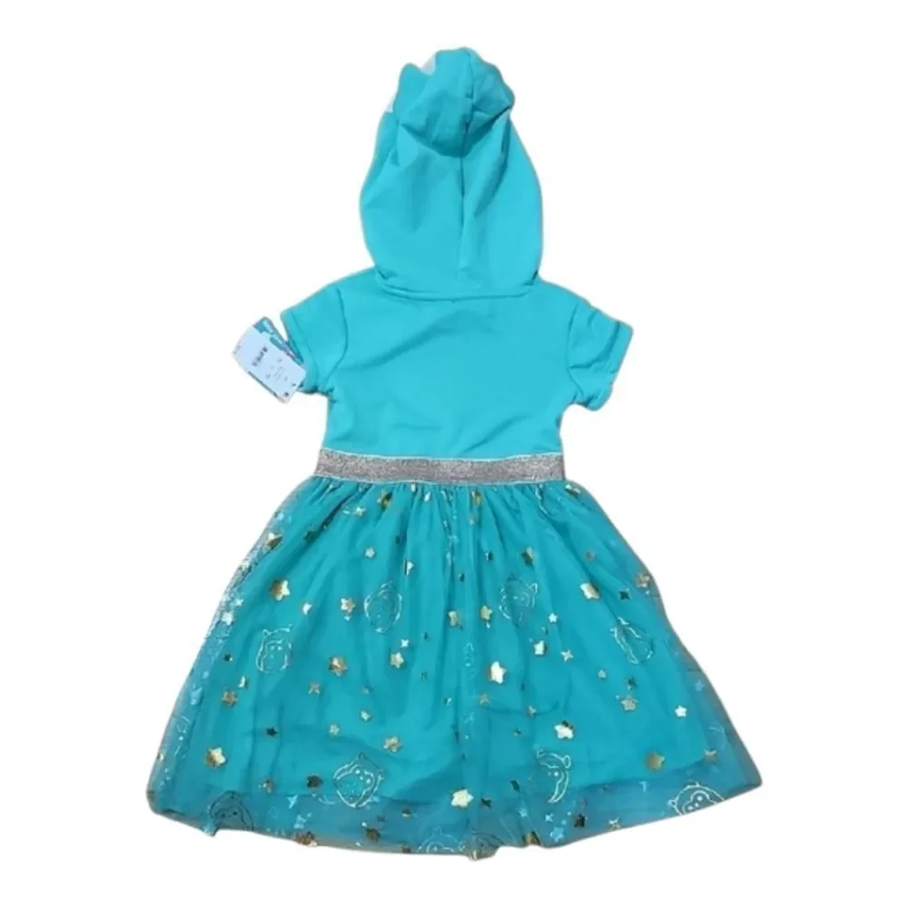 Squishmallows Teal Hooded Girls Dress with Gold Accents